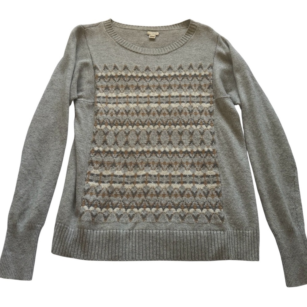 J. Crew Fair Isle Nordic Geometric Merino Wool Blend Gray Sweater Size Large - Picture 6 of 12